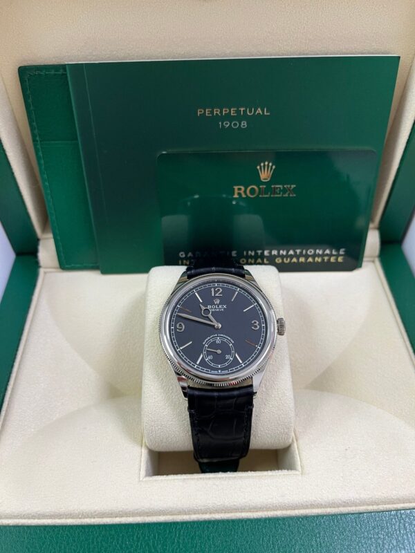 Rolex 1908 Domed And Fluted Bezel Black Index Arabic Dial Alligator Leather Strap 52509 - Image 2