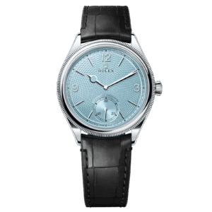 Rolex 1908 Ice Blue Motif Index Dial Leather Strap Reference 52506 Black Alligator Strap