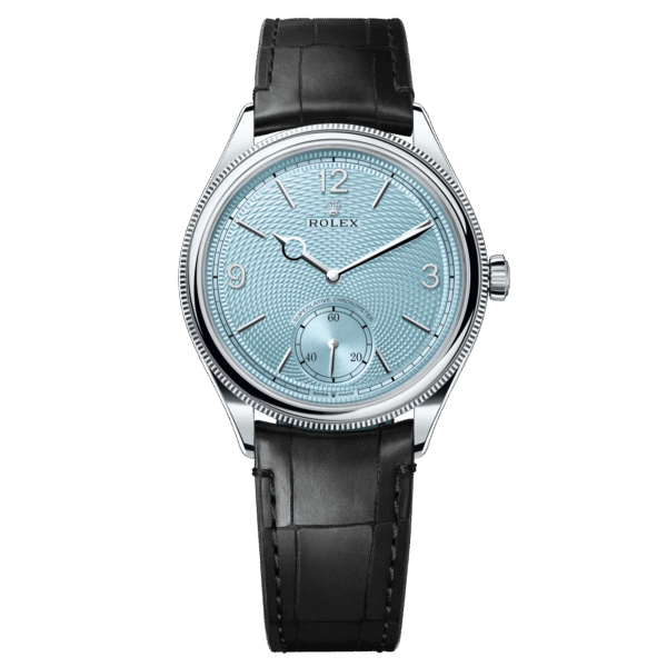 Rolex 1908 Ice Blue Motif Index Dial Leather Strap Reference 52506 Black Alligator Strap