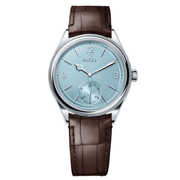 Rolex 1908 Ice Blue Motif Index Dial Leather Strap Reference 52506 Brown Alligator Strap