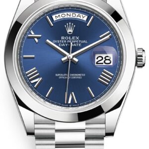 Rolex 950 Platinum Day-Date 40 Watch - Smooth Bezel - Blue Bevelled Roman Dial - President Bracelet (Ref # 228206)