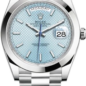 Rolex 950 Platinum Day-Date 40 Watch - Smooth Bezel - Ice Blue Diagonal Motif Index Dial - President Bracelet (Ref # 228206)