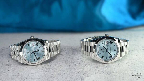 Rolex 950 Platinum Day-Date 40 Watch - Smooth Bezel - Ice Blue Quadrant Motif Bevelled Roman Dial - President Bracelet (Ref # 228206) - Image 2