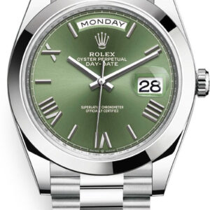 Rolex 950 Platinum Day-Date 40 Watch - Smooth Bezel - Olive Green Bevelled Roman Dial - President Bracelet (Ref # 228206)
