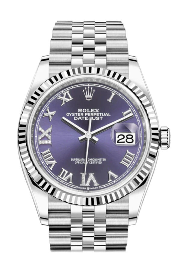 Rolex Datejust 36 Fluted Bezel Aubergine Purple Diamond Roman VI and IX Dial Jubilee Bracelet (Ref# 126234)