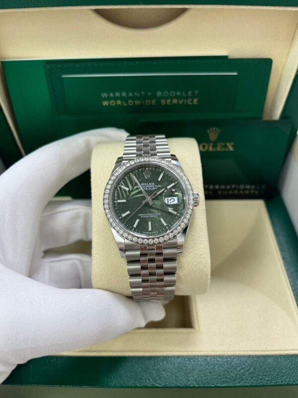 Rolex Datejust 36 Steel Diamond Bezel Olive Green Palm Index Dial Jubilee Band 126284rbr - Image 9