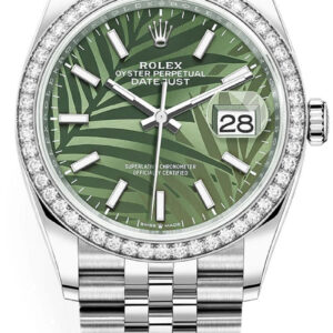 Rolex Datejust 36 Steel Diamond Bezel Olive Green Palm Index Dial Jubilee Band 126284rbr