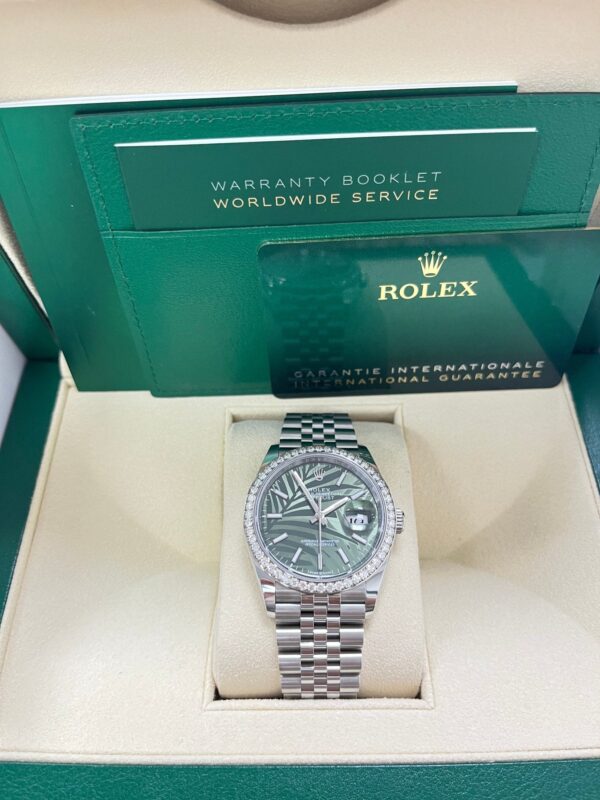 Rolex Datejust 36 Steel Diamond Bezel Olive Green Palm Index Dial Jubilee Band 126284rbr - Image 3