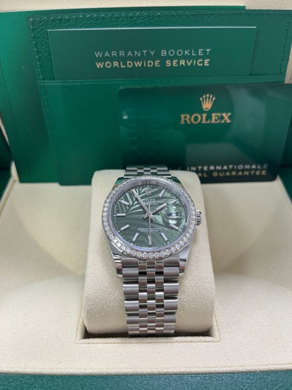 Rolex Datejust 36 Steel Diamond Bezel Olive Green Palm Index Dial Jubilee Band 126284rbr - Image 4