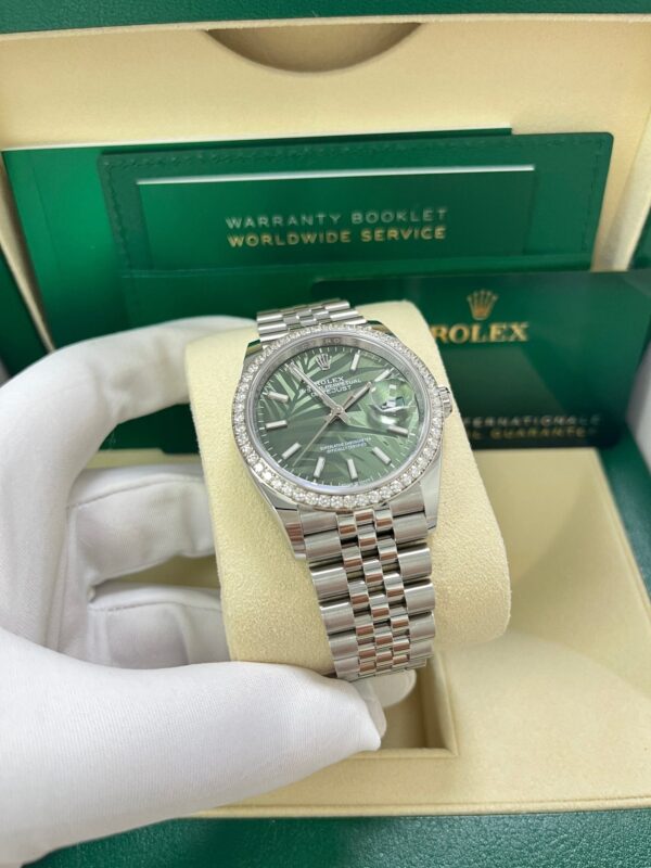 Rolex Datejust 36 Steel Diamond Bezel Olive Green Palm Index Dial Jubilee Band 126284rbr - Image 10