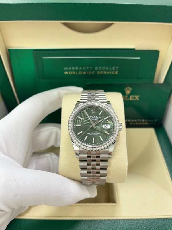 Rolex Datejust 36 Steel Diamond Bezel Olive Green Palm Index Dial Jubilee Band 126284rbr - Image 2