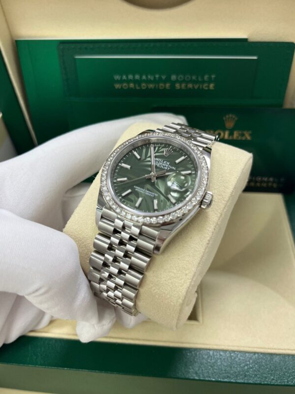 Rolex Datejust 36 Steel Diamond Bezel Olive Green Palm Index Dial Jubilee Band 126284rbr - Image 8