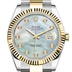 Rolex Datejust 41 Yellow Gold & Steel Fluted Bezel White Mother Of Pearl Diamond Dial Oyster (Ref # 126333)