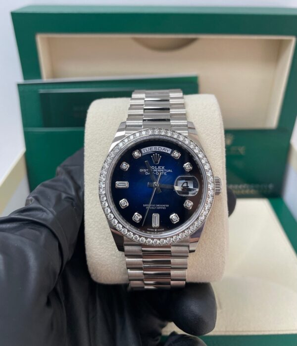 Rolex Day-Date 36/ Blue Ombre Dial/ Diamond Bezel/ White Gold President Bracelet (Ref # 128349RBR) - Image 8
