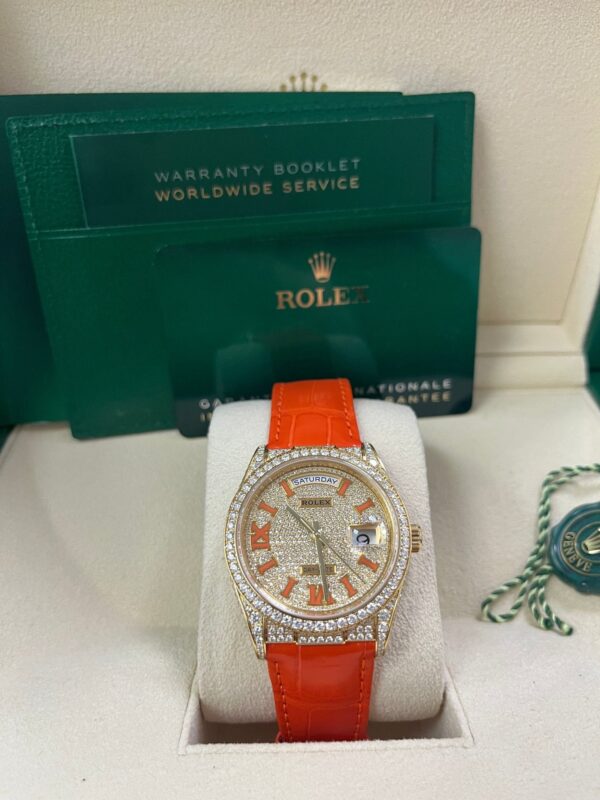 Rolex Day-Date 36 Orange Alligator Strap Pave Dial 128158rbr - Image 7