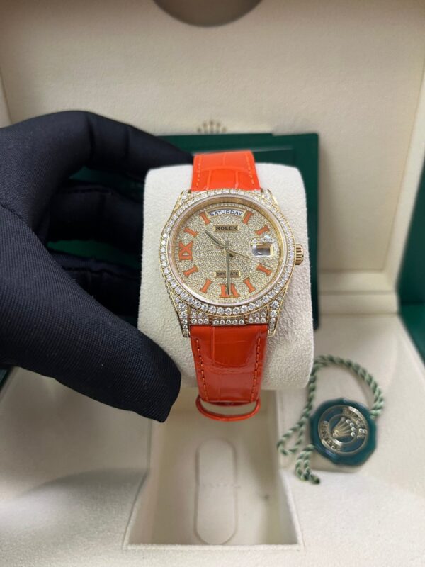 Rolex Day-Date 36 Orange Alligator Strap Pave Dial 128158rbr - Image 3