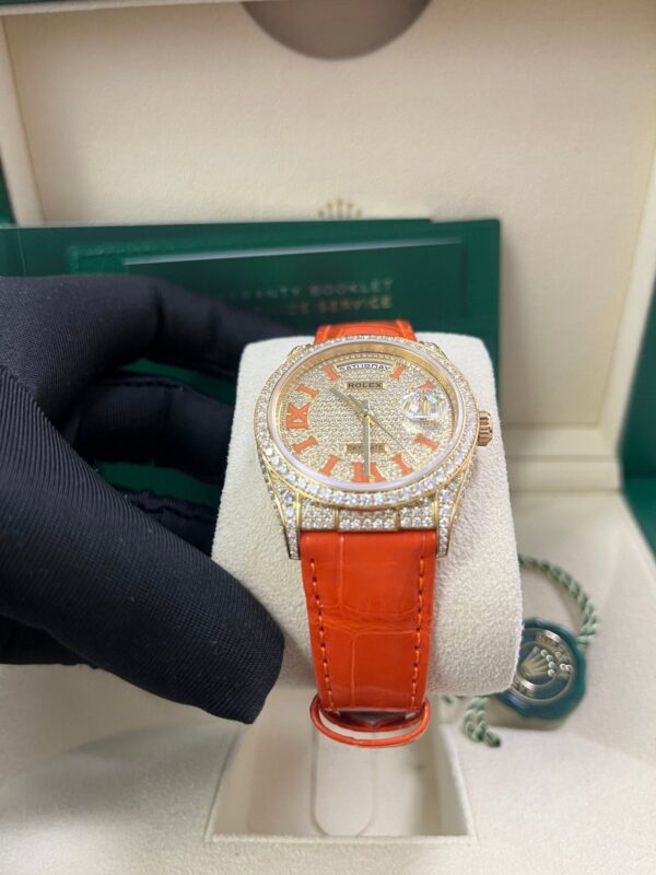 Rolex Day-Date 36 Orange Alligator Strap Pave Dial 128158rbr - Image 2