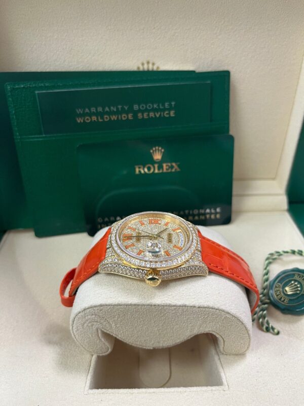 Rolex Day-Date 36 Orange Alligator Strap Pave Dial 128158rbr - Image 11
