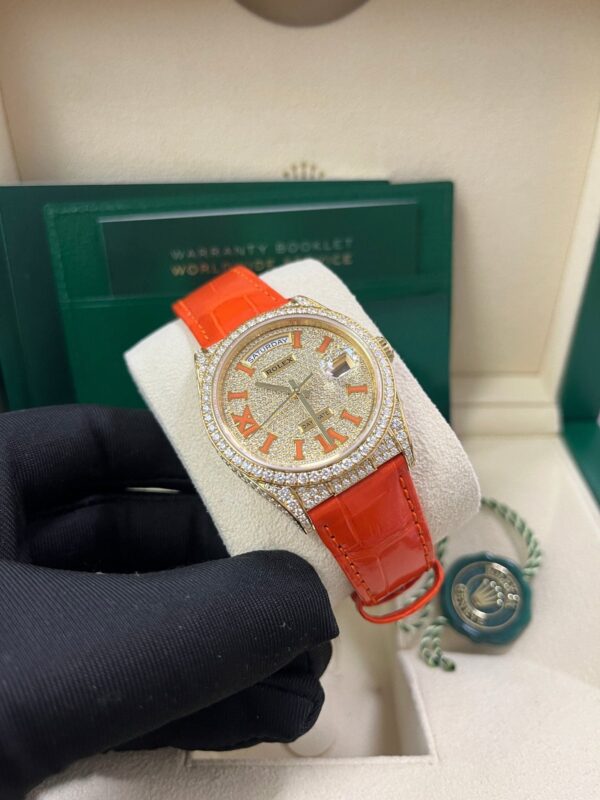 Rolex Day-Date 36 Orange Alligator Strap Pave Dial 128158rbr - Image 6