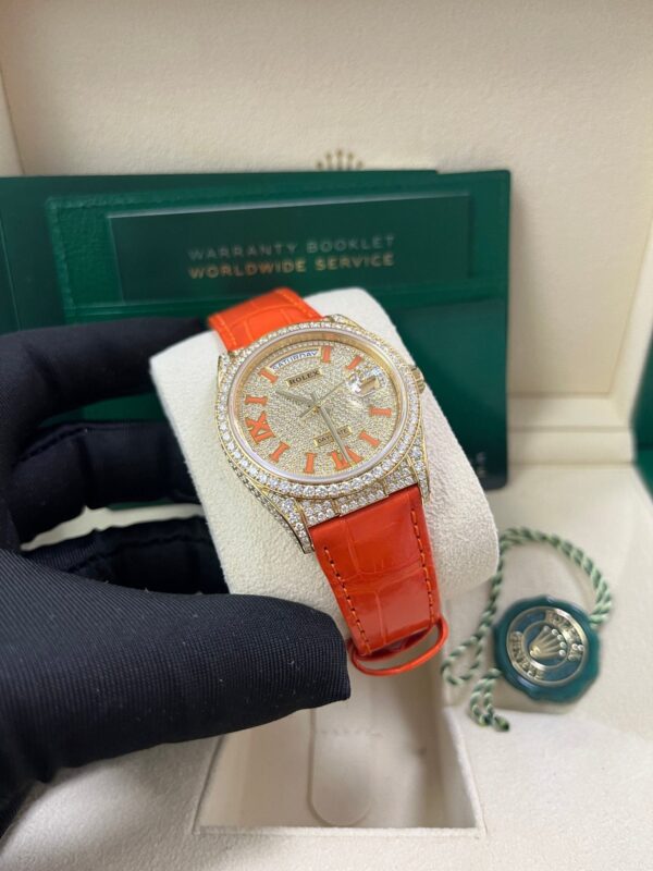 Rolex Day-Date 36 Orange Alligator Strap Pave Dial 128158rbr - Image 13