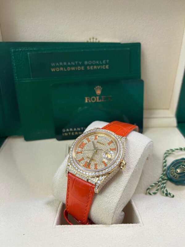 Rolex Day-Date 36 Orange Alligator Strap Pave Dial 128158rbr - Image 10