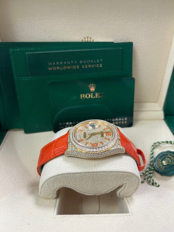 Rolex Day-Date 36 Orange Alligator Strap Pave Dial 128158rbr - Image 8