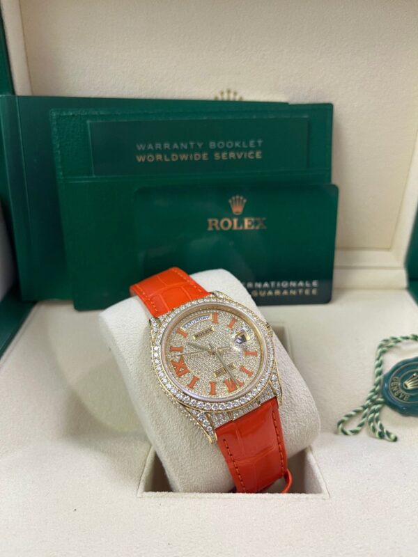 Rolex Day-Date 36 Orange Alligator Strap Pave Dial 128158rbr - Image 9