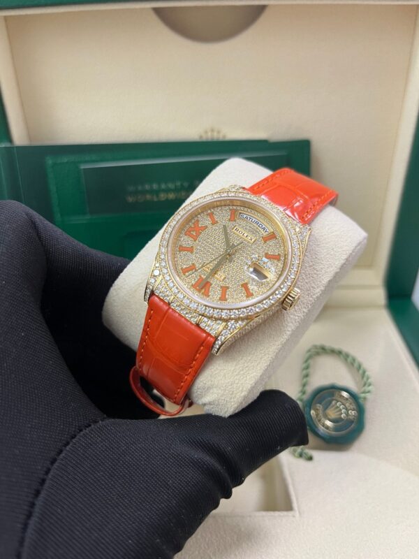 Rolex Day-Date 36 Orange Alligator Strap Pave Dial 128158rbr - Image 5