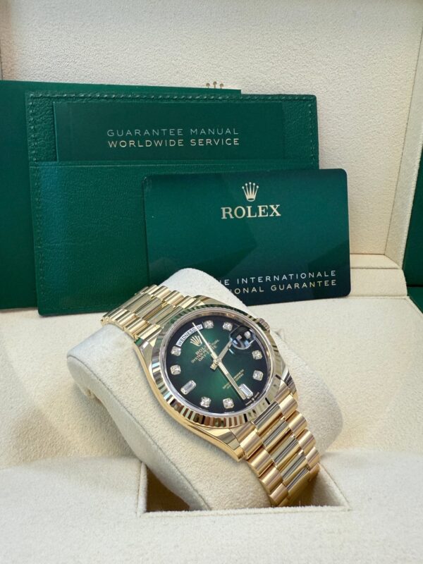 Rolex Day-Date 36 Watch Fluted Bezel Green Ombre´ Diamond Dial President Bracelet (Ref# 128238) - Image 9