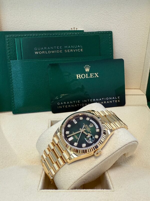 Rolex Day-Date 36 Watch Fluted Bezel Green Ombre´ Diamond Dial President Bracelet (Ref# 128238) - Image 12