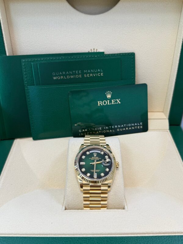 Rolex Day-Date 36 Watch Fluted Bezel Green Ombre´ Diamond Dial President Bracelet (Ref# 128238) - Image 7