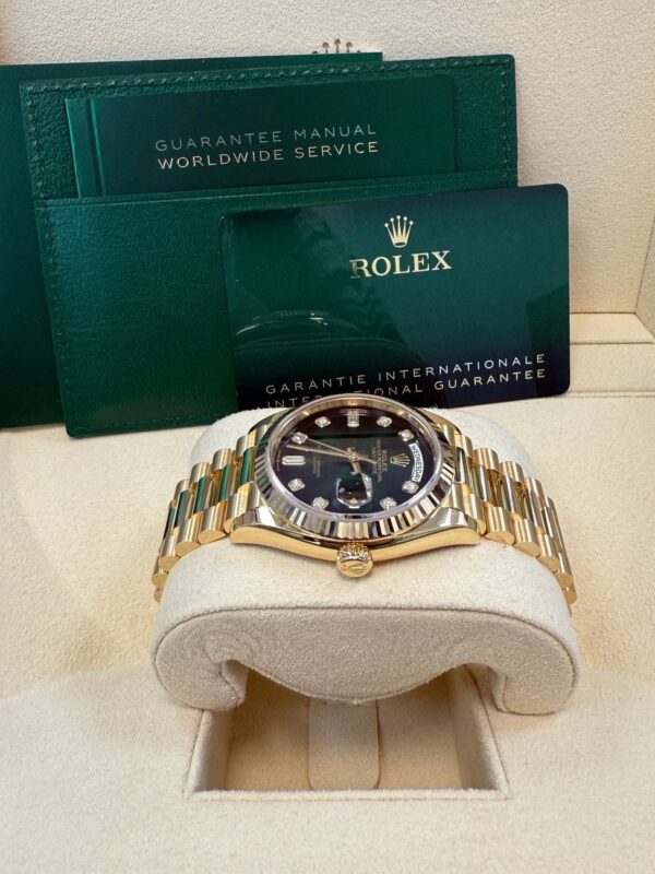 Rolex Day-Date 36 Watch Fluted Bezel Green Ombre´ Diamond Dial President Bracelet (Ref# 128238) - Image 11