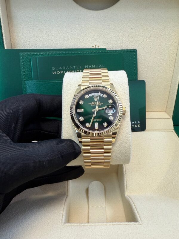 Rolex Day-Date 36 Watch Fluted Bezel Green Ombre´ Diamond Dial President Bracelet (Ref# 128238) - Image 14