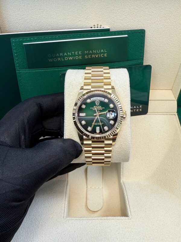 Rolex Day-Date 36 Watch Fluted Bezel Green Ombre´ Diamond Dial President Bracelet (Ref# 128238) - Image 6