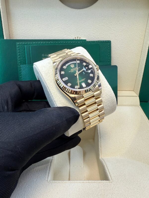 Rolex Day-Date 36 Watch Fluted Bezel Green Ombre´ Diamond Dial President Bracelet (Ref# 128238) - Image 13