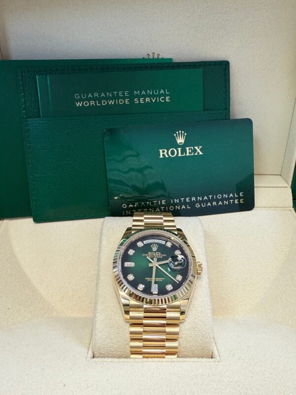 Rolex Day-Date 36 Watch Fluted Bezel Green Ombre´ Diamond Dial President Bracelet (Ref# 128238) - Image 8