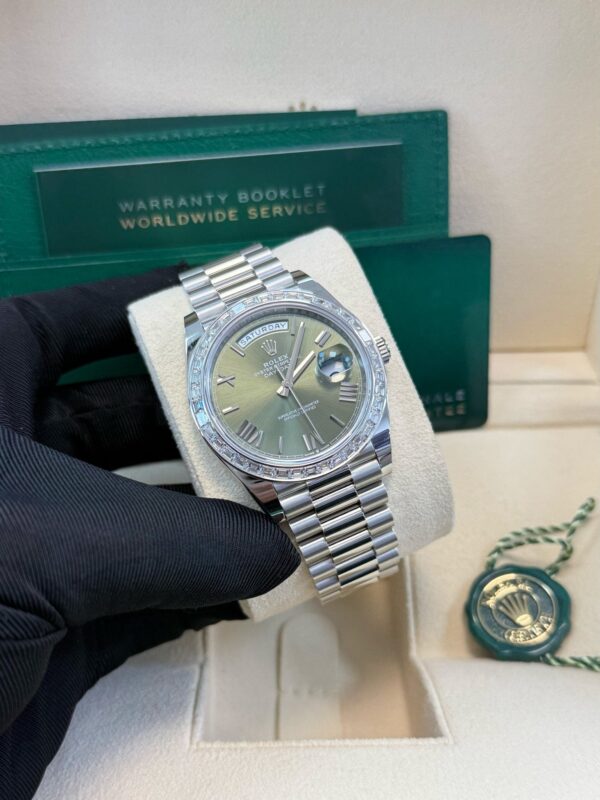 Rolex Day-Date 40 Baguette Diamond Bezel Olive Green Roman Dial President Bracelet 228396TBR - Image 9