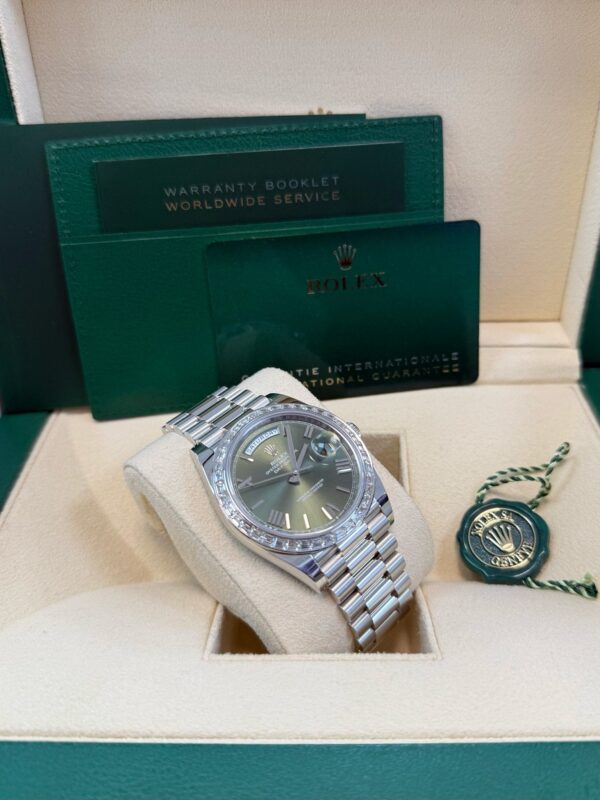 Rolex Day-Date 40 Baguette Diamond Bezel Olive Green Roman Dial President Bracelet 228396TBR - Image 11