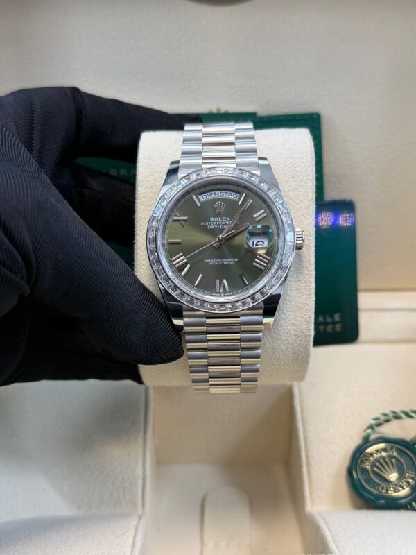 Rolex Day-Date 40 Baguette Diamond Bezel Olive Green Roman Dial President Bracelet 228396TBR German Day Wheel - Image 3