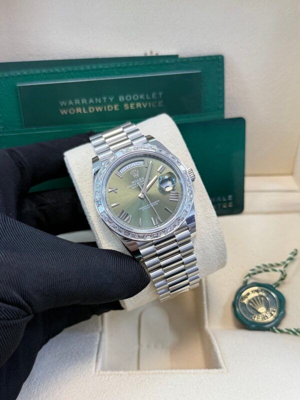 Rolex Day-Date 40 Baguette Diamond Bezel Olive Green Roman Dial President Bracelet 228396TBR German Day Wheel - Image 16