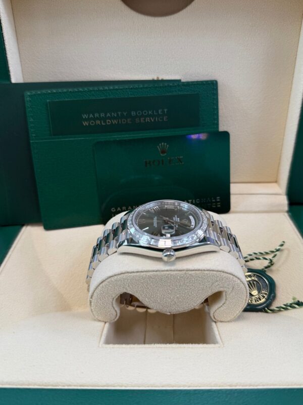 Rolex Day-Date 40 Baguette Diamond Bezel Olive Green Roman Dial President Bracelet 228396TBR German Day Wheel - Image 14