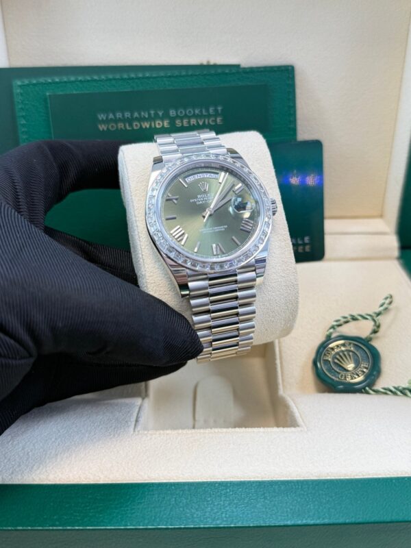 Rolex Day-Date 40 Baguette Diamond Bezel Olive Green Roman Dial President Bracelet 228396TBR German Day Wheel - Image 7
