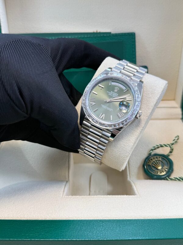 Rolex Day-Date 40 Baguette Diamond Bezel Olive Green Roman Dial President Bracelet 228396TBR German Day Wheel - Image 8