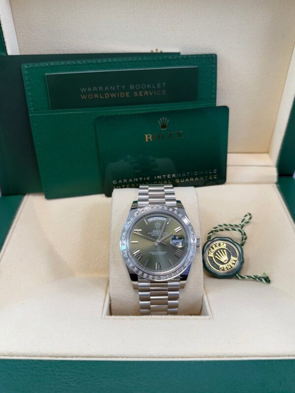 Rolex Day-Date 40 Baguette Diamond Bezel Olive Green Roman Dial President Bracelet 228396TBR German Day Wheel - Image 10