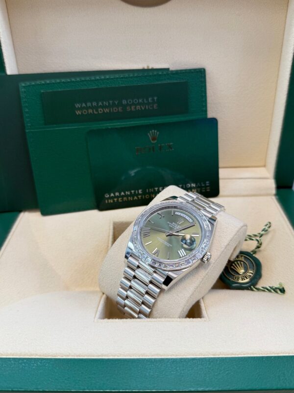 Rolex Day-Date 40 Baguette Diamond Bezel Olive Green Roman Dial President Bracelet 228396TBR German Day Wheel - Image 12