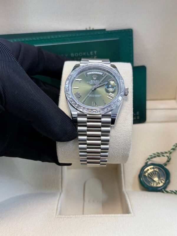 Rolex Day-Date 40 Baguette Diamond Bezel Olive Green Roman Dial President Bracelet 228396TBR German Day Wheel - Image 4