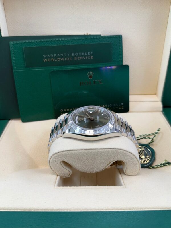 Rolex Day-Date 40 Baguette Diamond Bezel Olive Green Roman Dial President Bracelet 228396TBR German Day Wheel - Image 11
