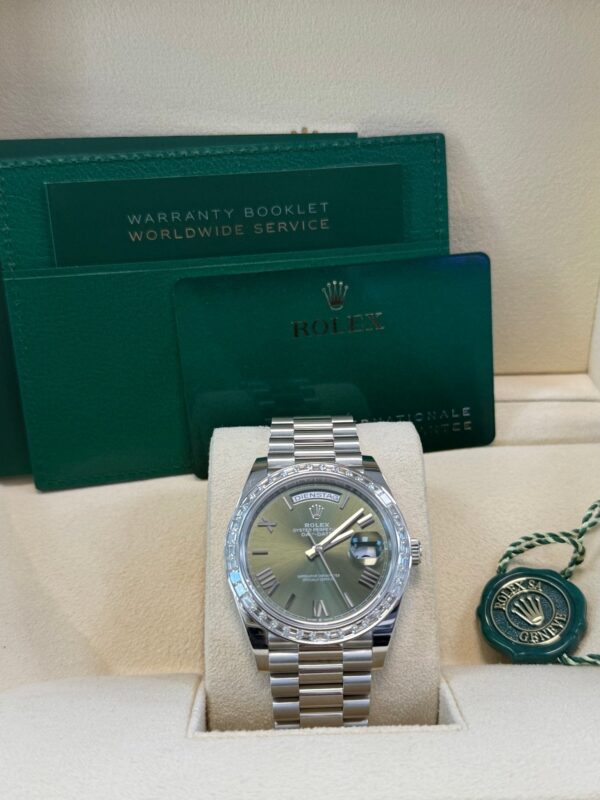 Rolex Day-Date 40 Baguette Diamond Bezel Olive Green Roman Dial President Bracelet 228396TBR German Day Wheel - Image 9