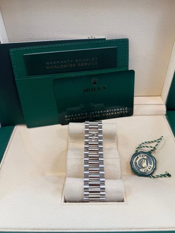 Rolex Day-Date 40 Baguette Diamond Bezel Olive Green Roman Dial President Bracelet 228396TBR German Day Wheel - Image 13
