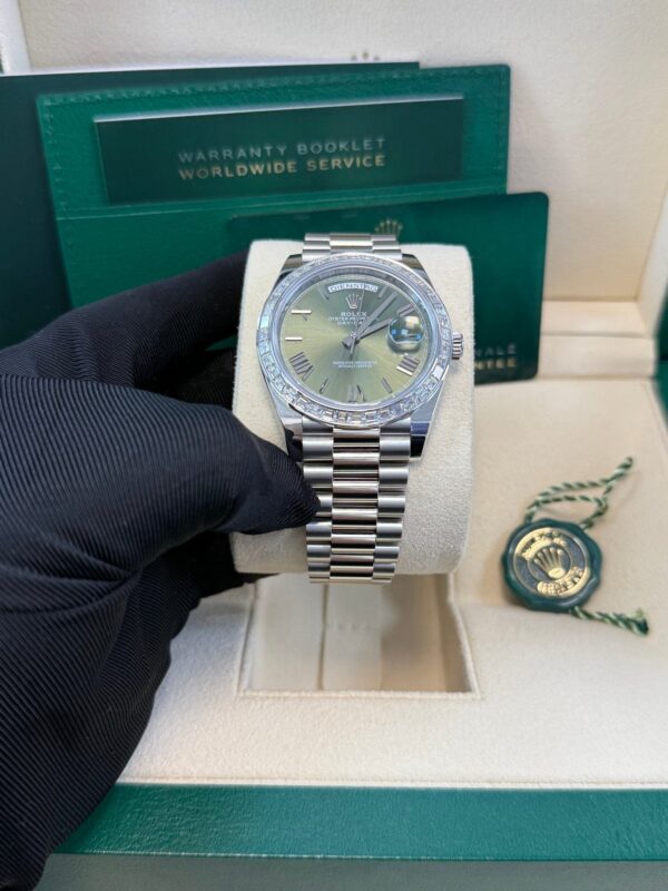 Rolex Day-Date 40 Baguette Diamond Bezel Olive Green Roman Dial President Bracelet 228396TBR German Day Wheel - Image 5
